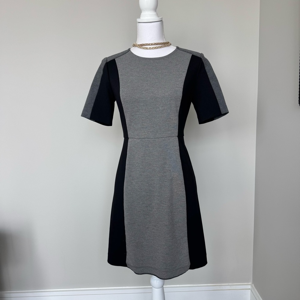 LOFT Gray and Black Sheath Mini Dress Crew Neck Short Sleeve